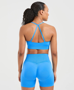 Ensemble de sport côtelé bleu uni sur mesure pour femme : soutien-gorge dos nu et short au-dessus du genou – Coupe sportive, tenue d'entraînement, faible MOQ - Product Image 2