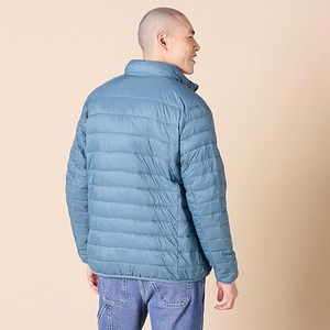 Men's Lightweight Hooded Puffer <b>Jacket</b> Solid Color Windproof Zipper Closure Casual Winter Wear Blue - Product Image 4