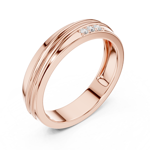 Bague de mariage pour homme en or rose avec diamant de laboratoire, 3 diamants ronds, design rainuré, style moderne poli - Product Image 4