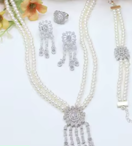 Trendy Brass <b>Silver</b> Plated Pearls CZ <b>Necklace</b> Earrings Ring Bracelet <b>Set</b> for Wedding Engagement Party Women - Product Image 2