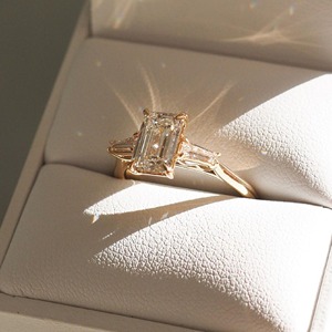 Emerald Cut 2.90 CT Three <b>Stone</b> <b>Ring</b> 925 Silver 14K Yellow Gold Plated Baguette Side Stones 4 Claw Setting Engagement Jewelry - Product Image 5