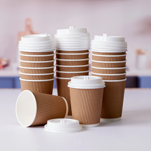 Gobelets en papier kraft jetables avec couvercles blancs, design à paroi simple/double/ondulée pour boissons chaudes, gobelets à café écologiques à emporter - Product Image 1