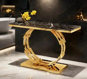 Modern Marble Top <b>Console</b> <b>Table</b> with <b>Gold</b> Metal Pedestal Base Contemporary Entryway Accent Furniture - Product Image 2