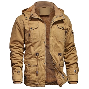 Mens Vintage Winter <b>Jacket</b> 100% Cotton Outerwear Detachable Hood <b>Fleece</b> <b>Lining</b> Stand Collar Zipper Closure OEM Service Available - Product Image 1