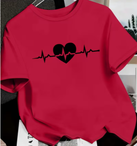 Camiseta Roja de Cuello Redondo para Mujer, Estampado de Latido de Corazón, Manga Larga, Casual, 100% Algodón Jersey, Corte Holgado, Estampado Digital - Product Image 1