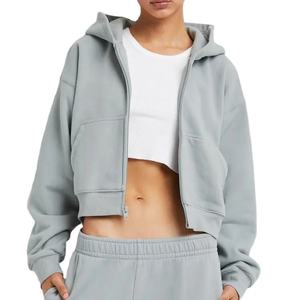 <b>Women's</b> Cropped Hooded Sweatshirt Solid Color Full Sleeve Fleece Casual <b>Zip</b>-<b>Up</b> <b>Top</b> With Pockets Autumn Wear - Product Image 4
