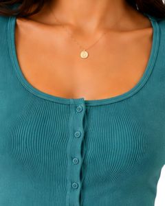 Top Corto de Punto Acanalado Verde Azulado para Mujer, Manga Corta, Cierre de Botones Frontales, Corte Ajustado, Cuello Cuadrado, Blusa Informal de Verano de Algodón - Product Image 5