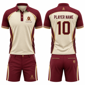 Ensemble polo et short de golf sportif pour femme, coloris bordeaux et beige, séchage rapide, en Spandex/Coton, taille élastique, fermeture boutonnée sur le devant - Product Image 1