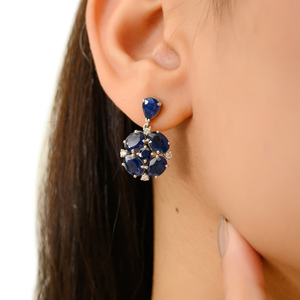 Boucles d'oreilles pendantes en saphir bleu et diamant 100% authentiques, pierre de naissance de septembre, pour femmes, en or blanc véritable 14 carats, bijoux fins - Product Image 2