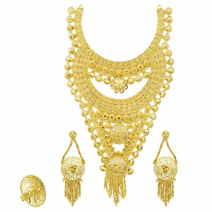 Wholesale Fashion 14K 18K 24K Gold Plated Heavy Bridal Necklaces Set Turkish Jewelry Traditional Floral Design Long Jewelry Set - Product Image 1