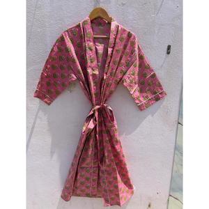 Bata Kimono Rosa de Algodón para Mujer, Albornoz Floral Hecho a Mano con Estampado de Bloques, Ropa de Dormir, Regalo - Product Image 1