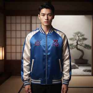 เสื้อแจ็คเก็ตวาร์ซิตี้อุซึมากิสำหรับผู้ชาย สไตล์ญี่ปุ่น ลายปักตัวอักษร สีน้ำเงินและสีขาว เสื้อแจ็คเก็ตบอมเบอร์สำหรับฤดูใบไม้ร่วง - Product Image 4