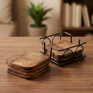 <b>Walnut</b> Wood Coasters Set of 4 Square Wooden Drink Coasters with Metal Holder Handmade <b>Table</b> Decor Wooden Coaster For Tea <b>Coffee</b> - Product Image 3