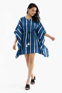 Blue Block Printed Floral Eco-Friendly Cotton <b>Kaftan</b> Dress Loose Midi Woven Boho Casual for <b>Summer</b> Spring Autumn Beach Vacation - Product Image 4