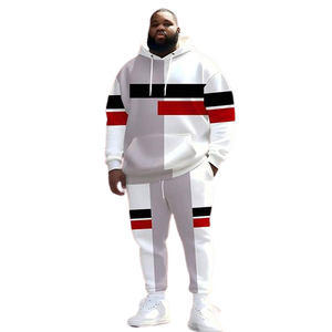 Ensemble survêtement homme blanc, gris, noir et rouge à motifs géométriques, pull à capuche et pantalon assorti, vente en gros OEM ODM - Product Image 1