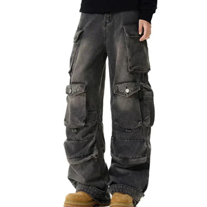 Jean cargo en denim pour homme, coupe ample, jambe large, style streetwear, délavé, en coton mi-lourd, style automne - Product Image 3