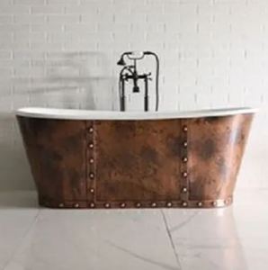 Bañera Ovalada Clásica de Cobre Independiente con Borde Blanco Rústico, Aspecto Lavado a la Piedra, Duradera para Adultos, Baño, Hotel - Product Image 1