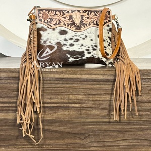 Western Pattern 2026 Stylish Sling Hand Tooled Cowhide Leather Crossbody Fringe Bag Hair on Leather <b>Shoulder</b> Bag for Women's - Product Image 1
