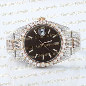 High Quality Brown Dial Auto Date Fully Iced Out Diamond D VVS Moissnite Diamond Two Tone Diamond <b>Watch</b> <b>Men's</b> - Product Image 2