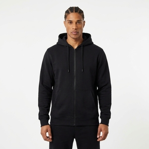 Sweat-shirt à capuche zippé noir uni pour homme, décontracté, avec cordon de serrage - Product Image 2