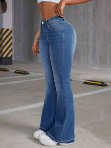 Jean en denim délavé style western Y2K taille haute évasé extensible pour femme, tailles S-XXL, tenue décontractée pour le quotidien et les trajets – Grande Vente - Product Image 3