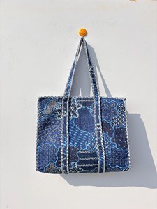Luxury Blue <b>Quilted</b> Cotton Tote Bag With Blue Panelled Print Bohemian Style <b>Summer</b> Casual Open Top Shopping Handbag for Wome - Product Image 6