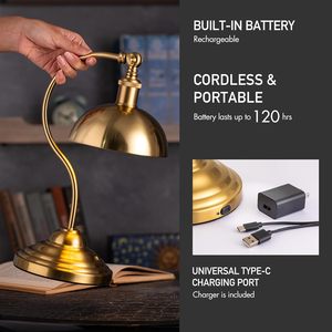 โคมไฟตั้งโต๊ะ LED แบบชาร์จไร้สาย สีทองเหลืองโบราณ พร้อมพอร์ตชาร์จ USB-C ปรับความสว่างได้ 3 ระดับ ดีไซน์หัวโคมปรับหมุนได้ - Product Image 4