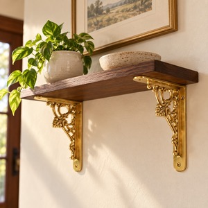 SHUBHAM Ornate Polished Brass <b>Shelf</b> Bracket <b>Decorative</b> Golden Wall Mounted <b>Shelf</b> Support for Wooden <b>Shelves</b> Home Decor - Product Image 2