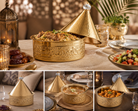 Casserole en métal doré oriental avec couvercle en céramique, design rond poli, durable pour cuisinière à gaz et à induction