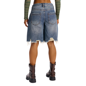 Shorts en jean déchirés pour femme, coupe décontractée taille mi-haute, 100 % coton, séchage rapide, respirant, bleu, ourlet effiloché - Product Image 2