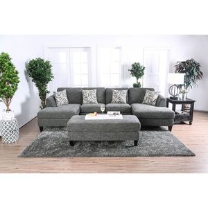 Set Divano Componibile in Ciniglia Grigia 5 Pezzi con Poltrona Senza Braccioli, Pouf e Chaise Longue, Divano Sezionale Imbottito con Cuscini per Arredamento Soggiorno - Product Image 2