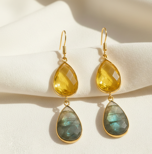 Natural Labradorite & Yellow Hydro Earrings | 15x20mm Pear | 925 Sterling <b>Silver</b> 18K Gold <b>Plated</b> | 5.5 Inch Statement Jewelry - Product Image 1
