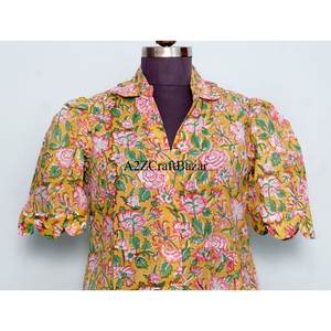 Robe midi florale en coton 100% écologique pour femme, style kangourou, col en V, manches courtes, décoration boutonnée, lavable - Product Image 2