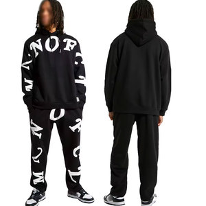 Survêtement noir à capuche pour homme, imprimé lettres, en coton, style streetwear, coupe ample, longueur intégrale, pour l'automne, avec poches latérales et cordon de serrage - Product Image 3