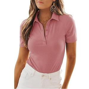 Polo ajusté pour femme de haute qualité, 100 % coton, col en V, à bon prix, avec logo imprimé superposé - Product Image 6