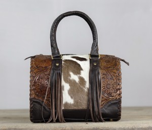 Western Style 100% Genuine Leather Speedy Handbag With Cowhide Panel & Brown Florals Tooling Black & White Cowhide Fur For Women - Product Image 2