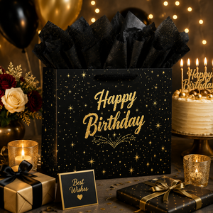 Luxury Custom Birthday Gift <b>Bag</b> with Greeting Card Black Gold Foil Design Paper Gift Packaging <b>Bag</b> for Party Celebration - Product Image 3