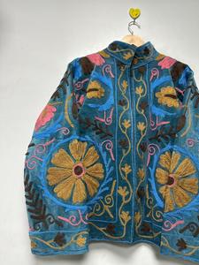 Vintage Sky Blue <b>Velvet</b> Suzani Embroidered <b>Jacket</b> with Floral Pattern Full Sleeve Stand Collar Bohemian <b>Women's</b> Winter <b>Jacket</b> - Product Image 5