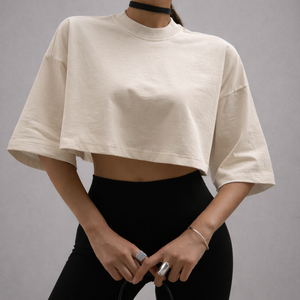 รับผลิตเสื้อยืดโอเวอร์ไซส์แบบครอป คอตตอน 100% สำหรับทุกเพศ สวมใส่สบาย เหมาะสำหรับออกกำลังกาย น้ำหนัก 160 กรัม คอกลม แขนครึ่งตัว แห้งเร็ว ตกแต่งด้วยลายฉลุ - Product Image 1