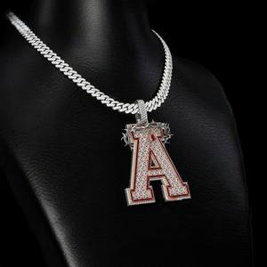 Collier unisexe en argent 925 plaqué rhodium avec pendentif lettre A en moissanite et couronne d'épines, chaîne à maillons style hip-hop - Product Image 1