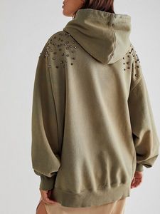 Sweat à capuche gris clouté pour homme, manches longues, polaire 100% coton, hiver, poche kangourou, détails rivets, streetwear décontracté - Product Image 6