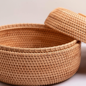 Multipurpose Rattan Basket with Lid Natural Woven Fruit Basket <b>for</b> Serving <b>Storage</b> and Home Decor - Product Image 2
