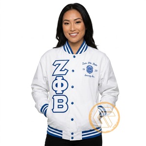 เสื้อแจ็คเก็ตวาร์ซิตี้ Zeta Phi Beta แบบสั่งทำพิเศษจาก GREEK TREASURES เสื้อผ้าสำหรับชมรมนักศึกษา คุณภาพสูง ระบายอากาศได้ดี ซับในผ้าซาตินไหม สำหรับผู้หญิง - Product Image 1