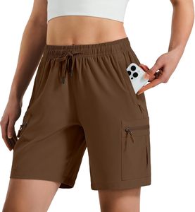 Women's Cargo Shorts Solid Brown Knitted <b>Drawstring</b> Waist Quick Dry Pockets Sporty Fit Summer Wear - Product Image 1