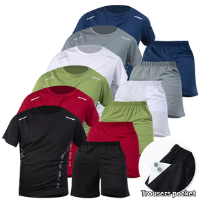 Ensemble de sport 2 pièces pour homme, streetwear d'été, imprimé uni, séchage rapide, respirant, t-shirt à manches courtes, short noir avec poches - Product Image 1