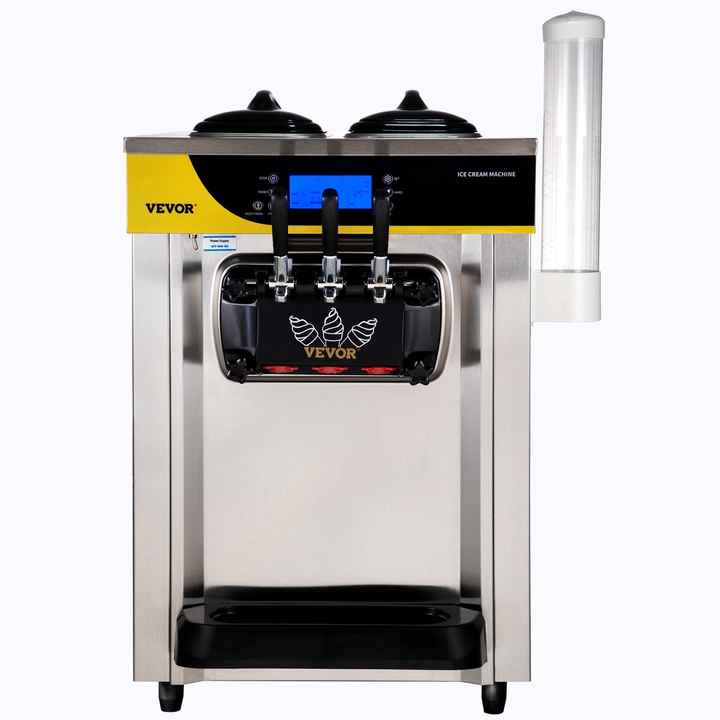 2200W Commercial Countertop Ice Cream Maker 22-30L/H Soft Serve Machine 2x6L Hopper 2L Cylinder LCD Panel Puffing Shortage Alarm