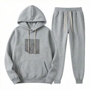 Unisex Gray Hooded <b>Tracksuit</b> Set Geometric Print Casual Sweatshirt and Pants Full Length Drawstring Design Autumn Wear - Product Image 1