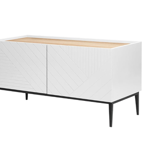 Un meuble moderne et minimaliste, finition blanche et accents en bois, soutenu par de fines pieds en métal noir. - Product Image 2