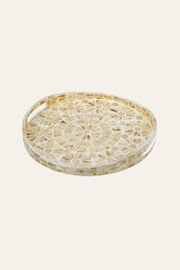 Plateau de service rond en nacre avec motif mosaïque floral en forme de soleil, bord surélevé et poignées latérales pour table à manger et maison - Product Image 4