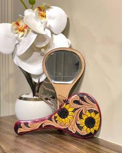Designer Sunflower Print Hand Tooled Leather <b>Mirror</b> Women Western Stylish Handheld Makeup <b>Mirror</b> Perfect Best Gift for Her - Product Image 2